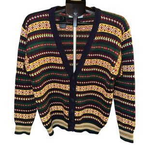 Vintage Eagles Eye Fair Isle Multicolor Cotton Sweater Size M Cardigan Stripes